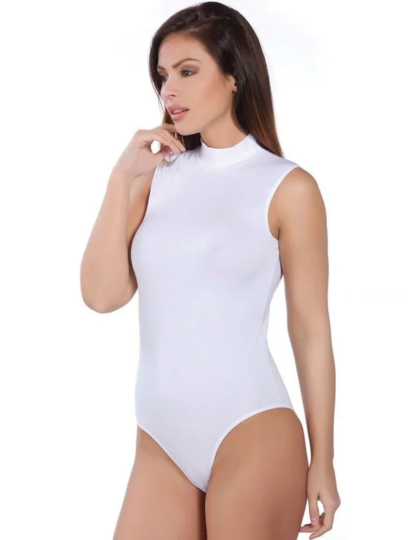 Sıfır Kol Balıkçı Yaka Çıtçıtlı Body Beyaz